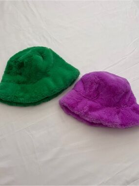 Fuzzy Bucket Hat Duo - Green & Purple